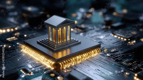 Microchip bank building on glowing circuit board representing digital banking infrastructure, secure payment processing, fintech connection, technology, and data network concept