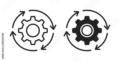 Foto Gears and Cycles: A graphic representation of two gears, one outlined and one filled, encircled by circular arrows, symbolizing process, workflow, or continuous operation