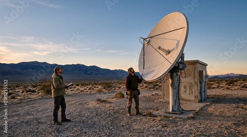 Engineers inspect a satellite antenna at a remote desert site