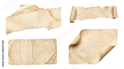 Set of old vintage paper scrolls and torn parchment sheets for scrapbooking