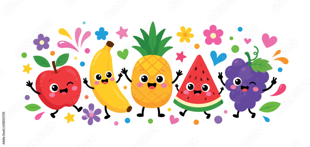 Obraz premium Playful cartoon fruits dancing and celebrating with confetti and flowers