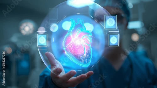 Healthcare worker holding a glowing anatomical heart projection surrounded by medical display panels