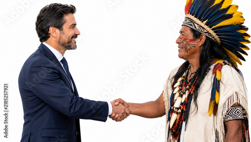 Professional businessman in suit shaking hands with an indigenous tribal leader in traditional feathered headdress on white background