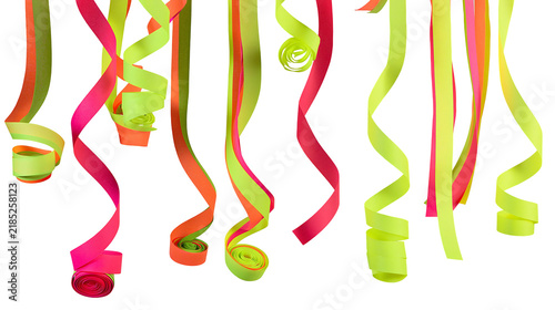 Isolated hanging colorful party streamers or ribbons, vibrant festive decoration elements