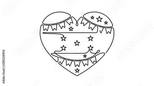 Minimalist heart shape illustration with festive bunting and stars in one line drawing style