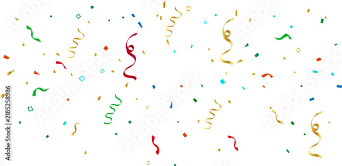 Colorful Confetti and Gold Swirling Streamers Falling on White Background for Festive Birthday Party, Celebration, New Year, Carnival Event Vector