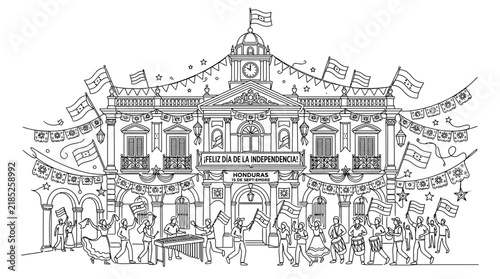Honduras Independence Day Celebration with Traditional Music and Dancers Line Art Illustration