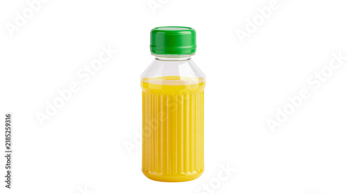 Fotografía Isolated small plastic bottle with refreshing yellow juice and a vibrant green s
