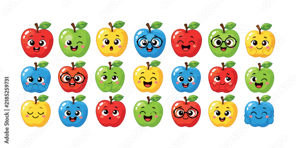Fototapeta premium Collection of cute cartoon apples with diverse facial expressions and colors