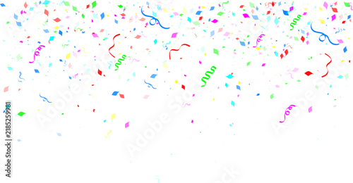 Vibrant Multicolor Confetti and Spiral Streamers Falling on White Background for Birthday Party, Celebration, Carnival, Festival Event Vector Graphic