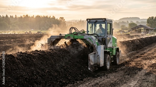 Fototapeta Compost turner aerates windrows at sunrise on eco farm