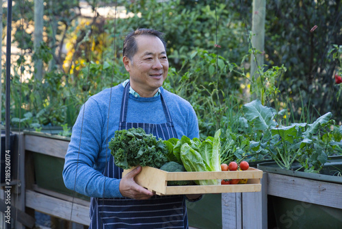 фотографія Senior Asian man wearing apron holding wood crate with kale broccoli cherry toma