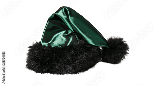 Fotografía Isolated dark green luxurious Christmas Santa hat with black faux fur trim and p