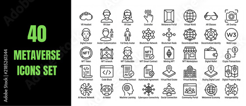 Set of 40 metaverse icons linear web symbols for virtual reality and blockchain tech