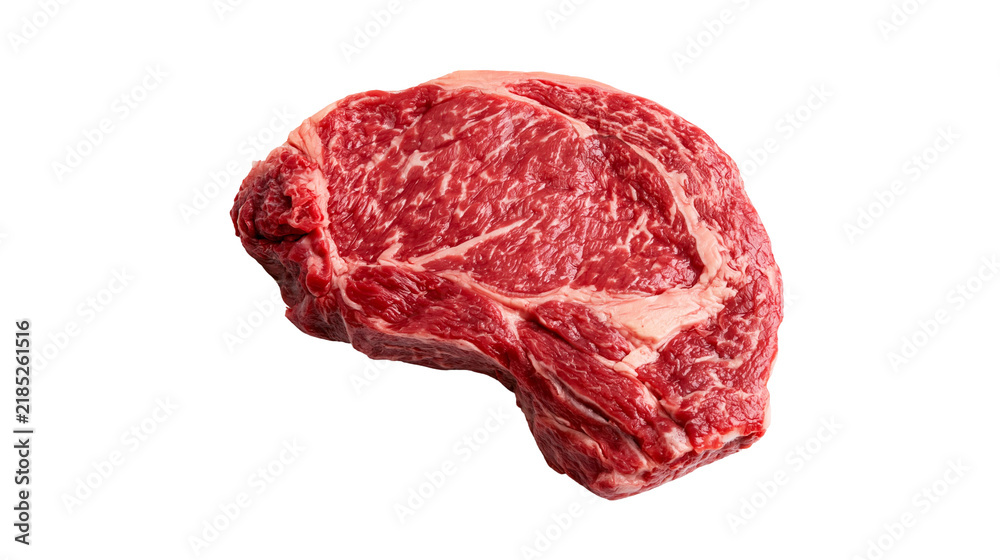 Fototapeta premium Isolated raw beef ribeye steak, premium cut with rich marbling, ready for cooking