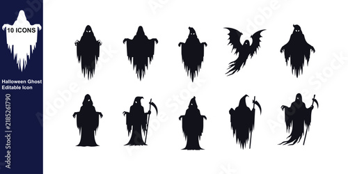 Halloween Ghost Editable Vector Icon Set With Spooky Hooded Silhouette Designs