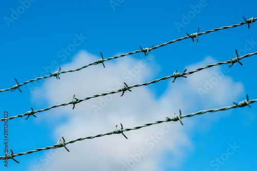 Obraz na płótnie Sharp Barbed Wire Fence Against Bright Blue Sky and White Clouds Symbolizing Res