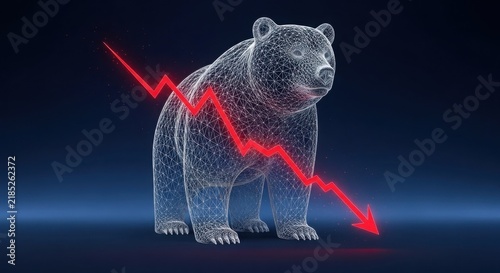 Digital wireframe bear with a red declining stock market arrow illustration