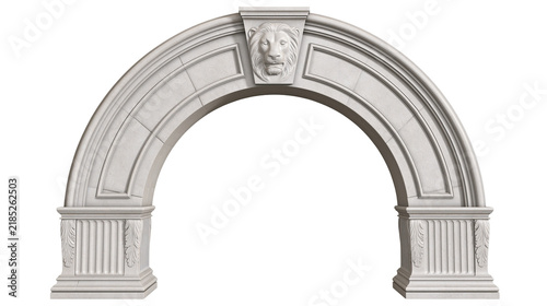 Isolated classical architectural stone arch featuring ornate lion head keystone and fluted pilasters