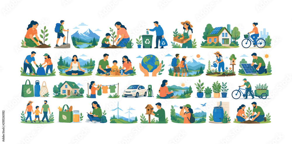 Fototapeta premium Diverse eco-friendly activities and sustainable living concepts illustrated