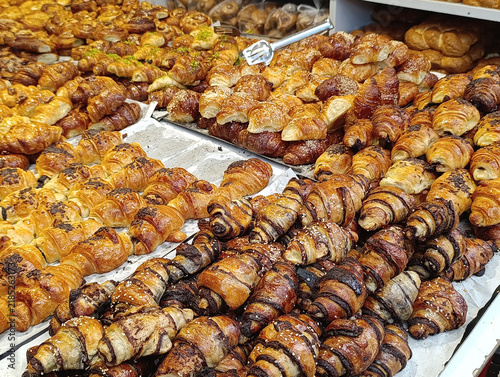 Bakery stall display with assorted croissants, chocolate-filled pastries, and sweet baked goods on a market counter.