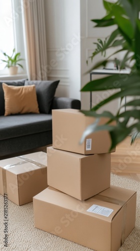 Stylish Living Room with Stacked Delivery Boxes, Modern Decor and Cozy Atmosphere