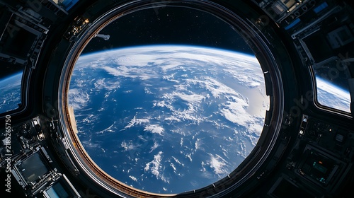Earth viewed from space through a magnifying lens, cosmic lens flare effect