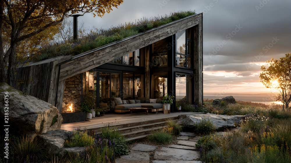 Fototapeta premium Charming wooden retreat alpine garden warm sunset landscape images