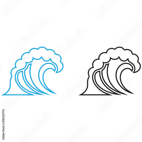 Minimalist ocean wave icons in blue and black line art vector pack.