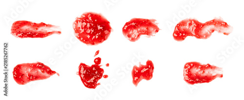 Raspberry jam smear splash isolated on white background. sweet berry preserve brush stroke. fruit spread texture, red jam splatter, organic dessert topping. clipping path