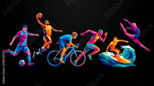 A collection of diverse sports athlete illustrations featuring colorful geometric designs.