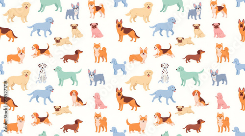 Playful cartoon dog breeds seamless vector pattern, white 2D dog background with happy scattered puppies for wallpaper and apparel