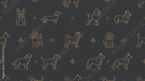 Cute line art puppy seamless pattern, 2D dog background with minimal outline dog breeds illustration for textile, wallpaper, and fabric print