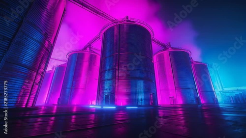 Large cylindrical industrial storage tanks illuminated with pink and blue light beneath a metal roof
