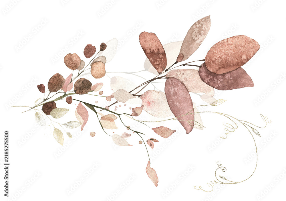 Obraz premium Watercolor floral fall arrangement frame. Red, burgundy, brown, pink autumn wild flowers, eucalyptus branches, leaves and twigs garland. Hand painted isolated template design.