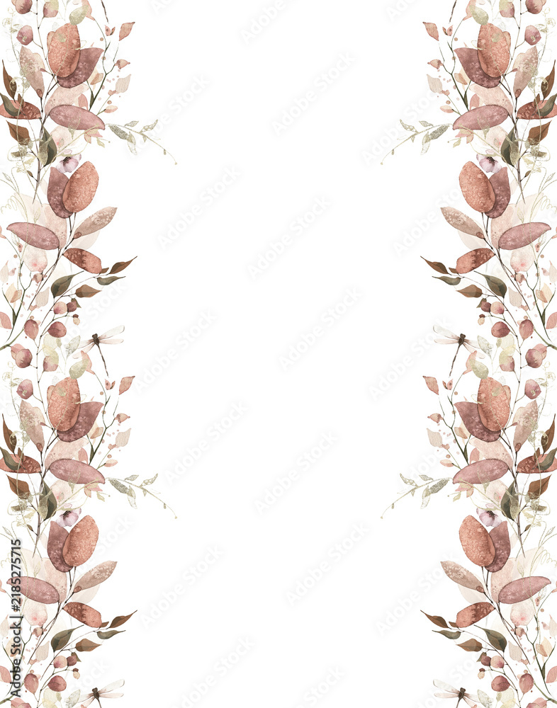 Obraz premium Watercolor painted foliage floral seamless border. Orange and pink autumn wild flowers, branches, leaves, sprigs and twigs garland. Fall nature hand drawn design clipart. The aesthetics of fading.