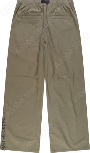 Fotografie Beige casual cotton trousers with elastic waistband and back pockets isolated on