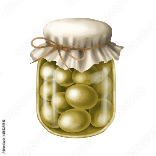 Green olives in glass jar, Italian Mediterranean preserved food illustration