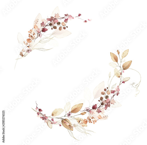Watercolor floral fall wreath frame. Red, burgundy, brown, pink autumn wild flowers, eucalyptus branches, leaves and twigs. Hand painted isolated template design.