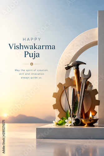 Religious worship tools arranged artistically for the festival of Vishwakarma Puja with golden sunset lighting on a marble stone surface