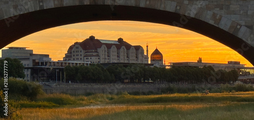 Landscape of sunset view under bridge in Dresden, Germany
