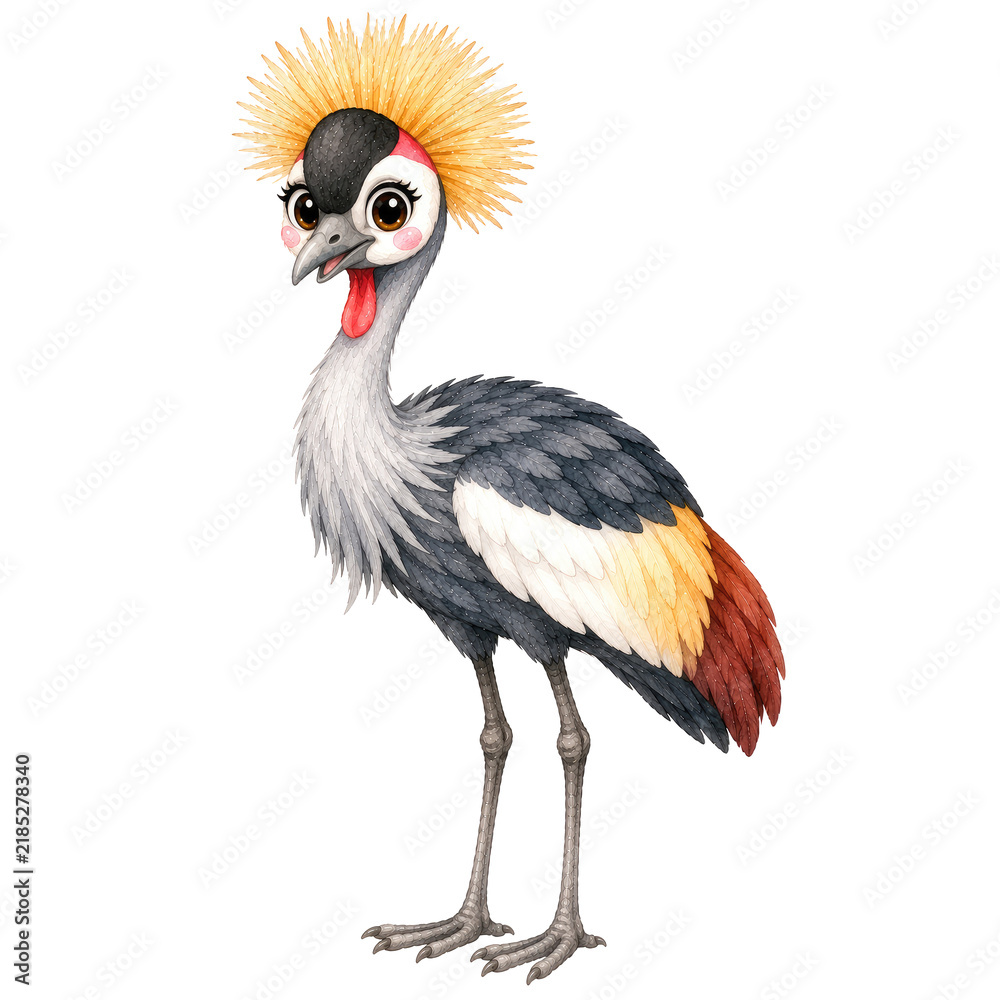 Fototapeta premium Cute Cartoon Grey Crowned Crane Illustration