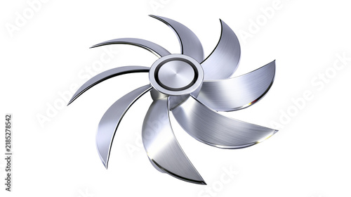 Photography Isolated sleek silver metallic propeller with seven shiny curved blades, modern