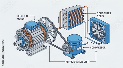 Isometric Diagram of an Industrial Refrigeration Unit with Electric Motor, Condenser Coils and Compressor