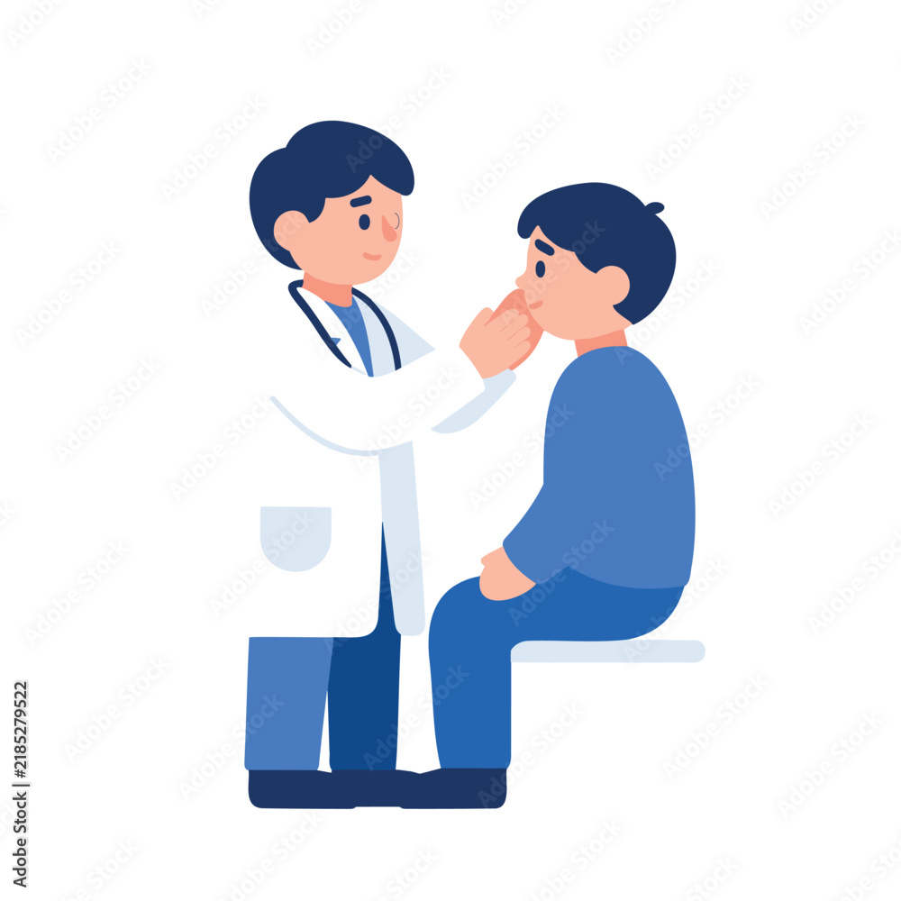 Obraz premium A male doctor in a white coat checks a young boy's face while the boy sits