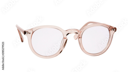 Foto Isolated rose colored round frame eyeglasses, stylish eyewear accessory for vision correction