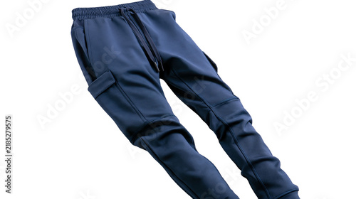 Fotografie Isolated stylish men's dark blue cargo jogger pants with drawstring waist and el