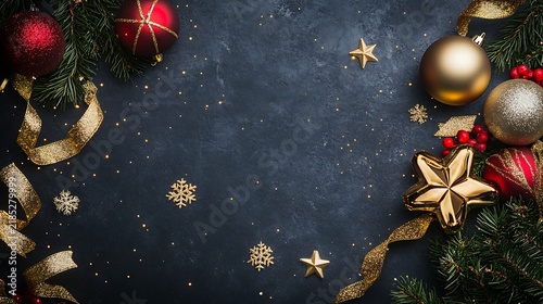 Festive christmas holiday ornaments with golden stars and ribbons on dark background