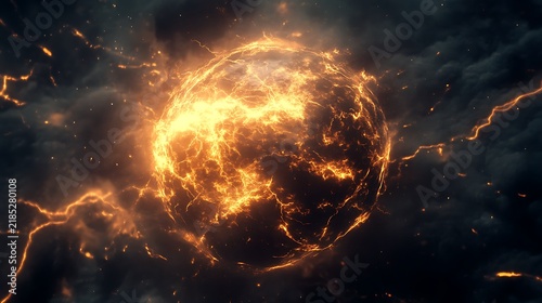 Fiery explosion in dark space, cosmic energy burst fire flames