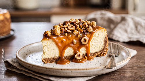 Creamy cheesecake with rich caramel sauce and roasted hazelnuts, gourmet food photography